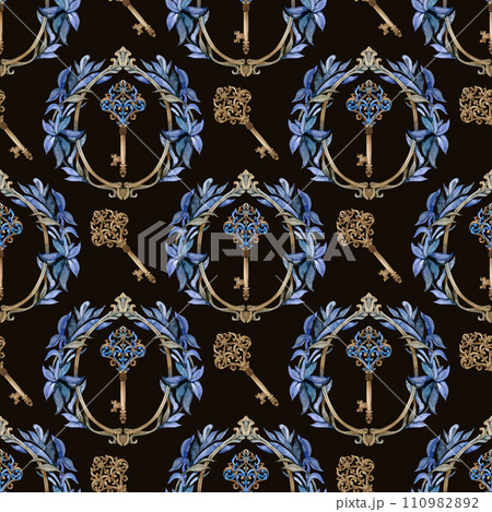 Retro keys seamless pattern. Antiques key cover for your design. Hand painted illustration 110982892