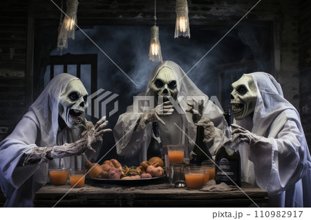 Meeting at table of three terrible skeletons 110982917