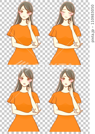 4 types of women thinking with their index fingers on their cheeks (black hair) 110983050