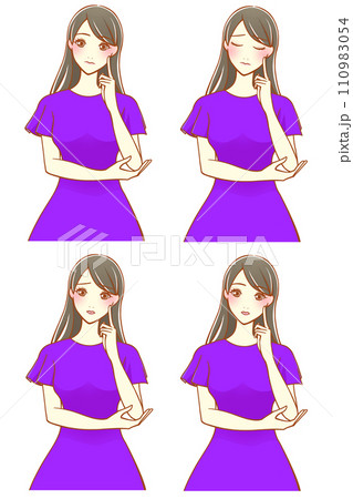 人差し指を頬にあてて考える女性 4種（黒髪） 110983054