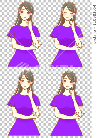 人差し指を頬にあてて考える女性 4種（黒髪） 110983054