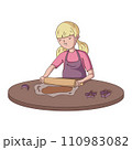 A young girl, a child with light hair wearing an apron, rolls out the dough on the table. A smiling teenager is preparing cookies in the kitchen. Vector illustration in flat style. 110983082