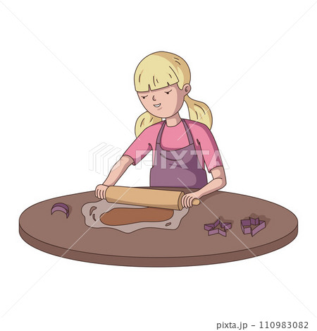 A young girl, a child with light hair wearing an apron, rolls out the dough on the table. A smiling teenager is preparing cookies in the kitchen. Vector illustration in flat style. A young girl, a child with light hair wearing an apron, rolls out the dough on the table. A smiling teenager is preparing cookies in the kitchen. Vector illustration in flat style. 110983082