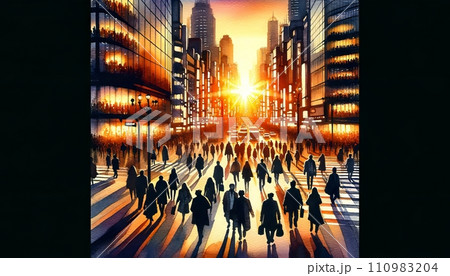 Generative AI The image depicts a busy city street at sunset with many pedestrians. Generative AI The image depicts a busy city street at sunset with many pedestrians. 110983204