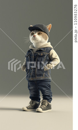 Fashionable Cute little cat wearing a cap and jeans on a gray background 110983276