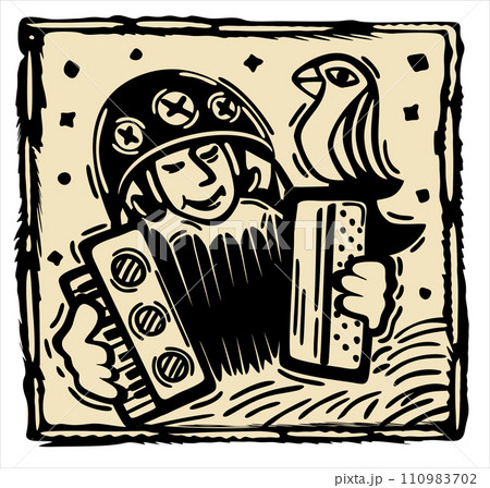 Brasilian cordel style. Accordeonist with parrot. Woodcut style 110983702