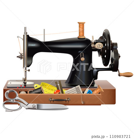Vector Vintage Manual Sewing Machine with Accessories 110983721