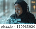 young woman in hijab working with futuristic transparent interface 110983920