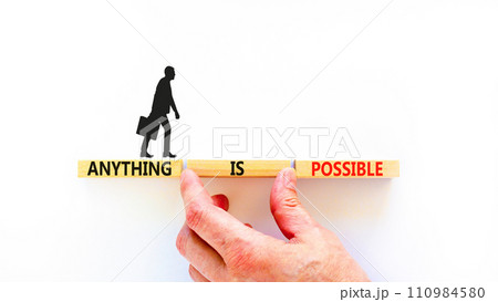 Anything is possible symbol. Concept words Anything is possible on beautiful wooden blocks. Beautiful white table white background. Businessman hand. Business anything possible concept. Copy space. 110984580