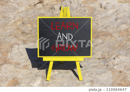 Learn and grow symbol. Concept word Learn And Grow on beautiful black chalk blackboard. Red stone. Beautiful red stone background. Business, education learn and grow concept. Copy space. 110984647