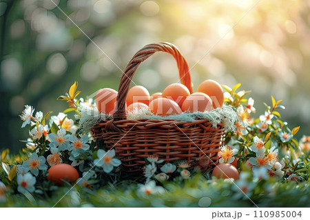AI-generated content. A wicker basket full of eggs stands on the grass. 110985004