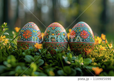 AI-generated content. Easter artwork with hand-painted Easter eggs in cheerful colours. 110985090