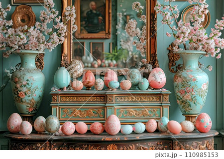 AI-generated content. A stylish interior with an old mirror in a gold frame. 110985153