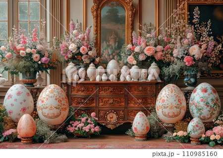 AI-generated content. The room was decorated with Easter centrepieces and lots of flowers. 110985160