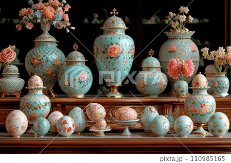 AI-generated content. A set of original porcelain in blue tones. 110985165