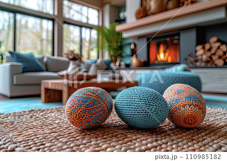 AI-generated content. Close-up of an original handmade Easter egg with a crochet pattern. 110985182