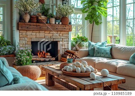 AI-generated content. A living room full of flowers and Easter decorations. AI-generated content. A living room full of flowers and Easter decorations. 110985189