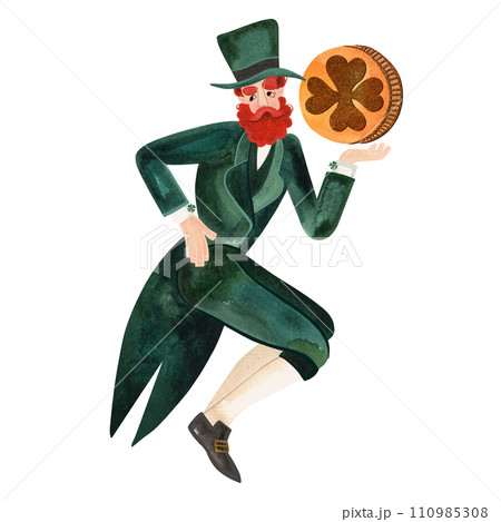 Leprechaun in a green suit and top hat. Symbol of Ireland. Red bearded man. Isolated watercolor illustration on white background. Character. Leprechaun in a green suit and top hat. Symbol of Ireland. Red bearded man. Isolated watercolor illustration on white background. Character. 110985308