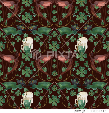 Seamless pattern with symbols of Ireland. Wrapping paper for St. Patrick's Day. Watercolor in vintage style on a brown background. 110985312