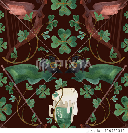 Seamless pattern with symbols of Ireland. Wrapping paper for St. Patrick's Day. Watercolor in vintage style on a brown background. Seamless pattern with symbols of Ireland. Wrapping paper for St. Patrick's Day. Watercolor in vintage style on a brown background. 110985313