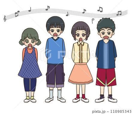並んで合唱する新入生の子供達 110985343