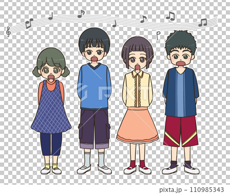 並んで合唱する新入生の子供達 110985343