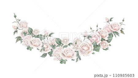 Watercolor frame illustration white cream rose and green leaves isolated on white background. Border hand painted natural plant twigs with light peach fuzz color roses rose for design postcards 110985603