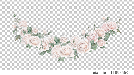 Watercolor frame illustration white cream rose and green leaves isolated on white background. Border hand painted natural plant twigs with light peach fuzz color roses rose for design postcards 110985603