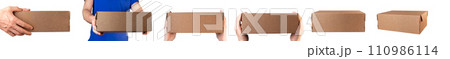 Hands holding, giving cardboard boxes, delivery carton package, kraft brown packs set Hands holding, giving cardboard boxes, delivery carton package, kraft brown packs set 110986114
