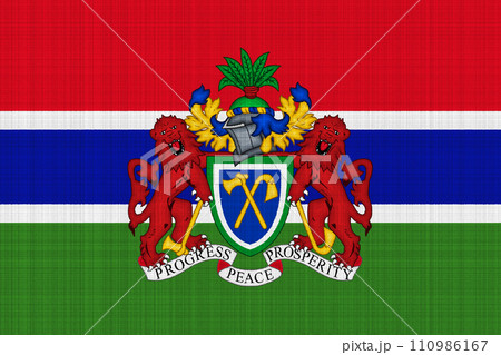 Flag and coat of arms of Republic of Gambia on a textured background. Concept collage. 110986167