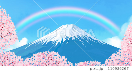 桜と冠雪した春の富士山 110986267