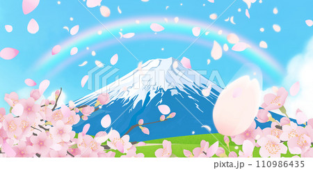 桜と冠雪した春の富士山 110986435