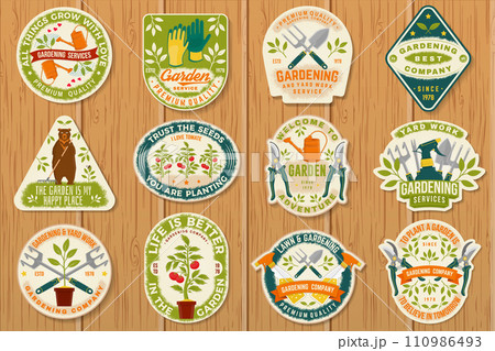 The garden is my happy place emblem, patch, sticker. Vector illustration. For sign, patch, shirt design bear with rake, seedlings, bee, gardening equipment. The garden is my happy place emblem, patch, sticker. Vector illustration. For sign, patch, shirt design bear with rake, seedlings, bee, gardening equipment. 110986493