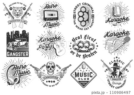 Set of gangster and retro music poster, banner. Vintage design for t shirt, emblem, logo, badge design with gangster, submachine gun and retro microphone, saxophone, audio cassette, guitar. Vector. Set of gangster and retro music poster, banner. Vintage design for t shirt, emblem, logo, badge design with gangster, submachine gun and retro microphone, saxophone, audio cassette, guitar. Vector. 110986497
