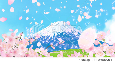 桜と冠雪した春の富士山 桜と冠雪した春の富士山 110986504