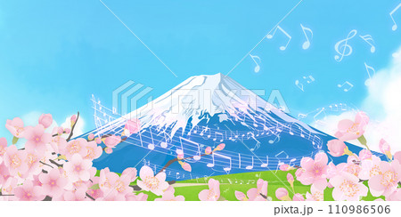 桜と冠雪した春の富士山 桜と冠雪した春の富士山 110986506