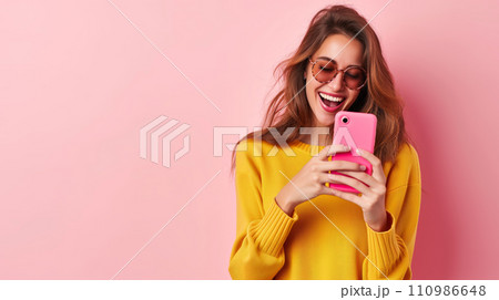 AI-generated content. Joyful Woman Giggling at Her Mobile 110986648