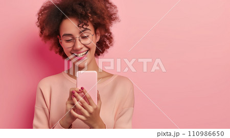 AI-generated content. Joyful Woman Giggling at Her Mobile 110986650