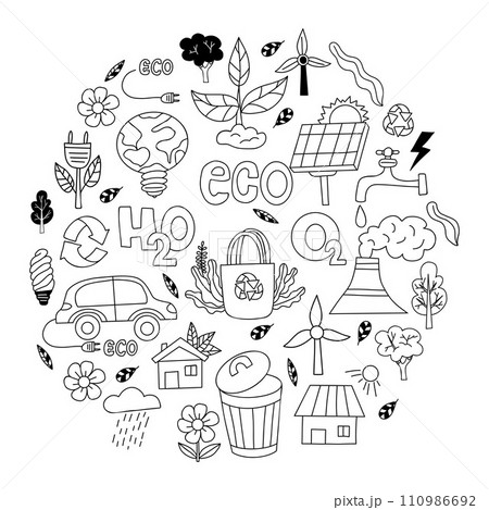 Ecology hand drawn set. No plastic, go green, Zero waste concepts, reduce, reuse, refuse, eco-car and house, grocery bags and ecological lifestyle. Isolated linear outline vector eco doodles. 110986692