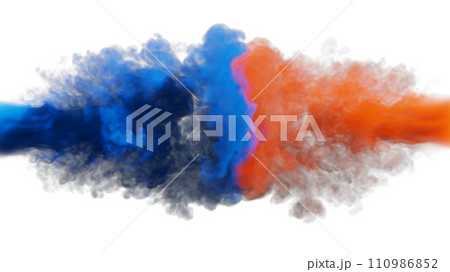 Puffs of blue and red smoke collide against a white background. 3d illustration.  110986852