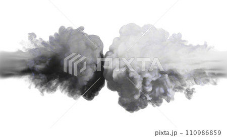 Puffs of white and grey smoke collide against a white background. 3d illustration. Puffs of white and grey smoke collide against a white background. 3d illustration. 110986859