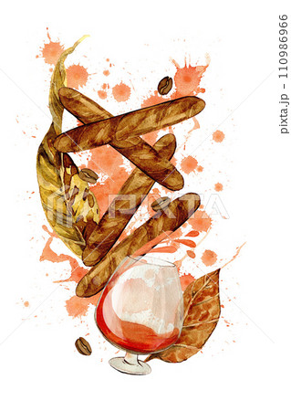 cigars and cognac with tobacco leaves drawn in watercolor, for cards, posters, menus, clipart 110986966