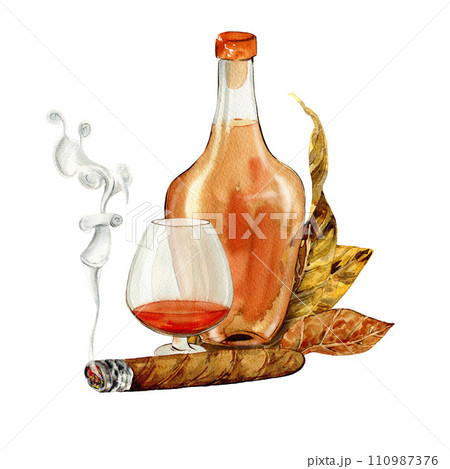 cigars and cognac with tobacco leaves drawn in watercolor, posters, menus, clipart 110987376