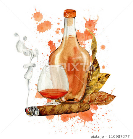 cigars and cognac with tobacco leaves drawn in watercolor, posters, menus, clipart 110987377