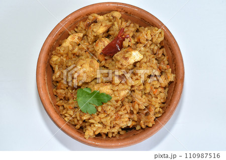 Rice with meat in a plate. Pilaf. Rice with meat in a plate. Pilaf. 110987516