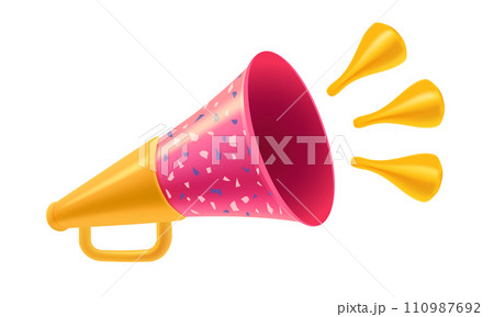 Vector vintage pink megaphone with terrazzo texture in realistic 3d style. Vector illustration of retro loudspeaker on isolated background. Vector vintage pink megaphone with terrazzo texture in realistic 3d style. Vector illustration of retro loudspeaker on isolated background. 110987692