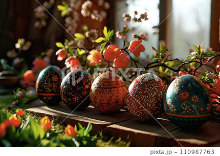 AI-generated content. Colourful Easter eggs in the kitchen on the table, with a background of spring flowers. 110987763
