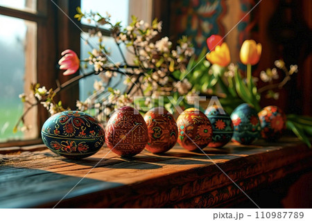 AI-generated content. Colourful Easter eggs painted in the traditional way are drying on the windowsill. 110987789