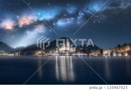 Milky Way over the church on the snowy island on the Bled Lake 110987825