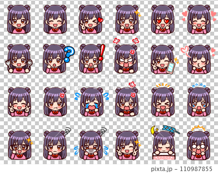 Chibi character facial expression illustration set of girl with twin buns Chibi character facial expression illustration set of girl with twin buns 110987855